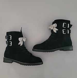 Kurt Geiger Sutton Bow Rhinestone Embellished Black Suede Combat Boot